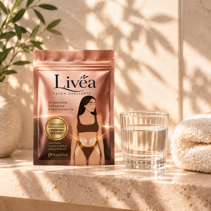Confezione Livea su una mensola del bagno al mattino